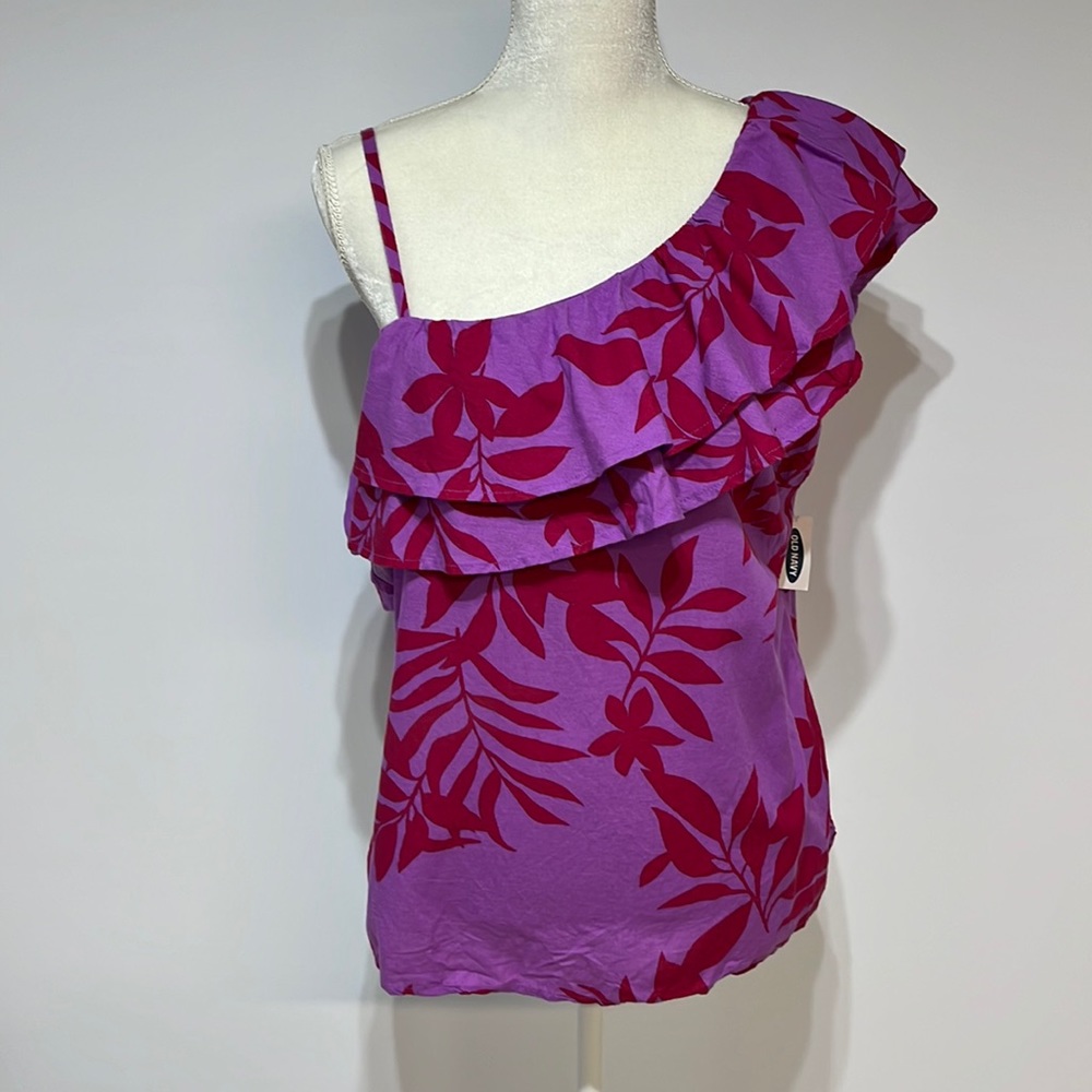 Old Navy Top Sz L Purple Red Flowers Ruffle Spaghetti Strap Asymmetrical NWT